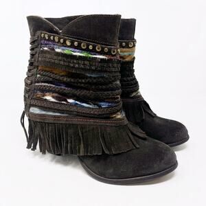 Naughty Monkey Dark Brown Suede Fringe Poncho Ankle Boot Colorful Size 9.5 BOHO